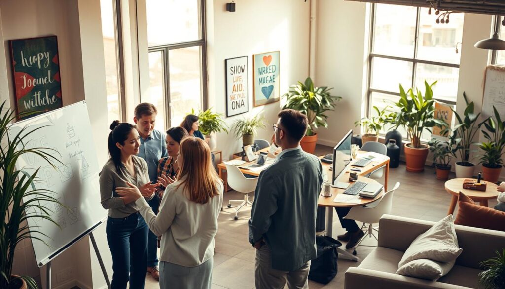 Team collaborating in a healthy work environment Team collaborating in a healthy work environment