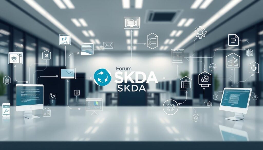 A detailed, photorealistic digital illustration depicting a comprehensive workflow automation process. The foreground showcases various software application icons and user interface elements, seamlessly integrated to represent the automation of tasks and data flows. The middle ground features a stylized representation of the "Forum SKDA" brand, emphasizing the platform's role in facilitating the learning and discussion of such automation technologies. The background presents a clean, minimalist office environment with subtle lighting and depth of field, creating a professional and contemporary atmosphere. The overall composition conveys the efficiency, interconnectivity, and educational aspects of workflow automation. A detailed, photorealistic digital illustration depicting a comprehensive workflow automation process. The foreground showcases various software application icons and user interface elements, seamlessly integrated to represent the automation of tasks and data flows. The middle ground features a stylized representation of the "Forum SKDA" brand, emphasizing the platform's role in facilitating the learning and discussion of such automation technologies. The background presents a clean, minimalist office environment with subtle lighting and depth of field, creating a professional and contemporary atmosphere. The overall composition conveys the efficiency, interconnectivity, and educational aspects of workflow automation.