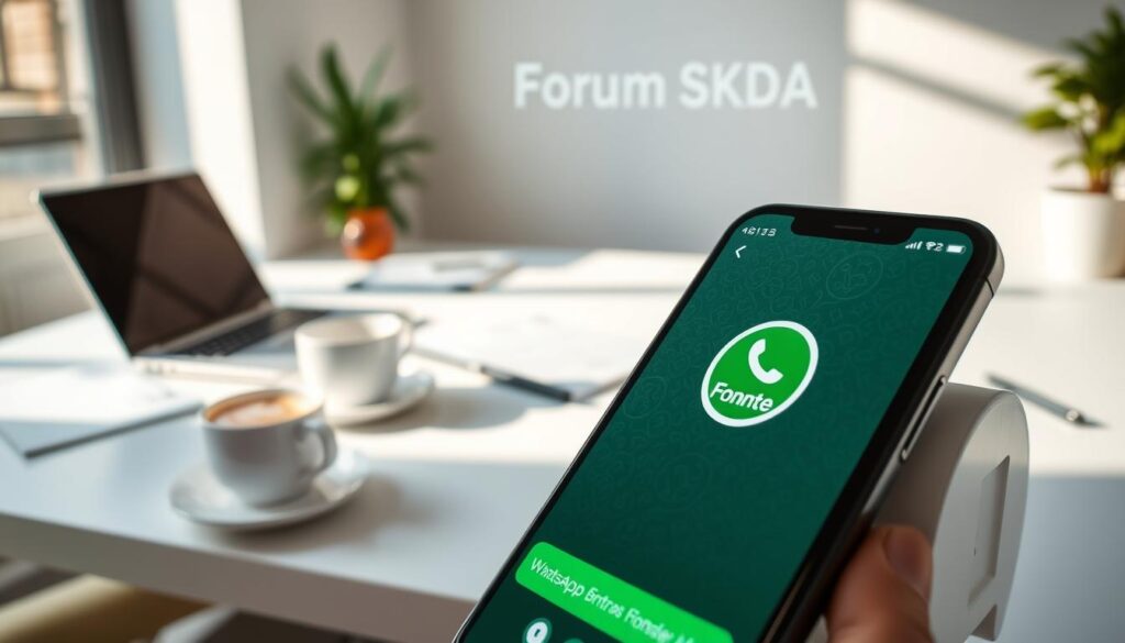 A detailed, realistic image of the WhatsApp messaging interface with the "Fonnte" branding prominently displayed. The foreground shows a smartphone screen with an open WhatsApp conversation, featuring a seamless integration of the "Fonnte" logo and user interface elements. The middle ground showcases a clean, minimalist workspace with a laptop, coffee mug, and other office accessories, reflecting a professional setting. The background subtly depicts the "Forum SKDA" logo, suggesting the integration of this application within a broader enterprise ecosystem. The lighting is soft and natural, creating a pleasant, productive atmosphere. The overall composition conveys the practical implementation of automated WhatsApp notifications and messaging within a corporate environment. A detailed, realistic image of the WhatsApp messaging interface with the "Fonnte" branding prominently displayed. The foreground shows a smartphone screen with an open WhatsApp conversation, featuring a seamless integration of the "Fonnte" logo and user interface elements. The middle ground showcases a clean, minimalist workspace with a laptop, coffee mug, and other office accessories, reflecting a professional setting. The background subtly depicts the "Forum SKDA" logo, suggesting the integration of this application within a broader enterprise ecosystem. The lighting is soft and natural, creating a pleasant, productive atmosphere. The overall composition conveys the practical implementation of automated WhatsApp notifications and messaging within a corporate environment.