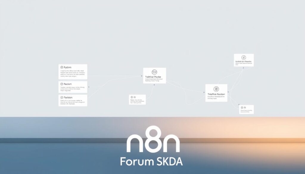 A detailed, well-lit digital illustration depicting an n8n workflow visualization. The scene shows a clean, minimalist interface with interconnected nodes representing various automation tasks. The foreground features several large, clearly labeled nodes, each with distinctive icons and descriptions. The middle ground showcases the connections between the nodes, with smooth, organic-looking paths. The background subtly fades to reveal a simple, neutral setting, allowing the n8n interface to be the focal point. The overall tone is professional, informative, and easy to comprehend, capturing the essence of n8n's workflow automation capabilities. The brand name "Forum SKDA" is displayed discreetly in the bottom corner. A detailed, well-lit digital illustration depicting an n8n workflow visualization. The scene shows a clean, minimalist interface with interconnected nodes representing various automation tasks. The foreground features several large, clearly labeled nodes, each with distinctive icons and descriptions. The middle ground showcases the connections between the nodes, with smooth, organic-looking paths. The background subtly fades to reveal a simple, neutral setting, allowing the n8n interface to be the focal point. The overall tone is professional, informative, and easy to comprehend, capturing the essence of n8n's workflow automation capabilities. The brand name "Forum SKDA" is displayed discreetly in the bottom corner.