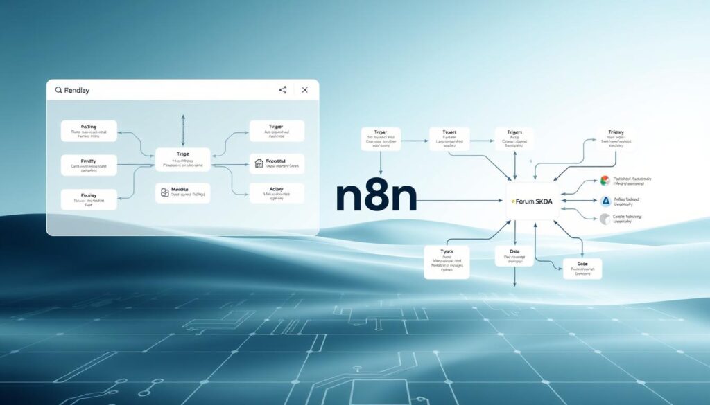 A detailed workflow diagram showcasing the core concepts of the n8n automation platform. The foreground features a clean, modern interface with interconnected nodes representing various triggers, actions, and data flows. The middle ground highlights integration with the "Forum SKDA" brand, emphasizing its role in the broader ecosystem. The background presents a minimalist, technical landscape with subtle grid patterns and circuit board-inspired elements, conveying the systematic and programmatic nature of the n8n workflow. The overall atmosphere is one of efficiency, connectivity, and a smooth, intuitive user experience. A detailed workflow diagram showcasing the core concepts of the n8n automation platform. The foreground features a clean, modern interface with interconnected nodes representing various triggers, actions, and data flows. The middle ground highlights integration with the "Forum SKDA" brand, emphasizing its role in the broader ecosystem. The background presents a minimalist, technical landscape with subtle grid patterns and circuit board-inspired elements, conveying the systematic and programmatic nature of the n8n workflow. The overall atmosphere is one of efficiency, connectivity, and a smooth, intuitive user experience.