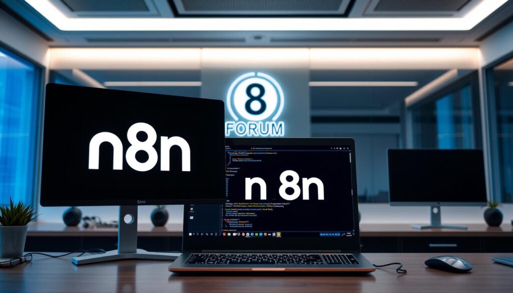 A modern, sleek office workspace, the screen displays the "n8n" logo in the foreground, with a developer's laptop and keyboard in the middle ground. The background features the "Forum SKDA" brand logo, conveying a sense of professionalism and collaboration. The lighting is soft and diffused, creating a welcoming and productive atmosphere. The composition is balanced, with clean lines and a minimalist aesthetic that reflects the technical nature of the subject matter. The image should appear realistic, with attention to detail in the hardware and software depicted. A modern, sleek office workspace, the screen displays the "n8n" logo in the foreground, with a developer's laptop and keyboard in the middle ground. The background features the "Forum SKDA" brand logo, conveying a sense of professionalism and collaboration. The lighting is soft and diffused, creating a welcoming and productive atmosphere. The composition is balanced, with clean lines and a minimalist aesthetic that reflects the technical nature of the subject matter. The image should appear realistic, with attention to detail in the hardware and software depicted.