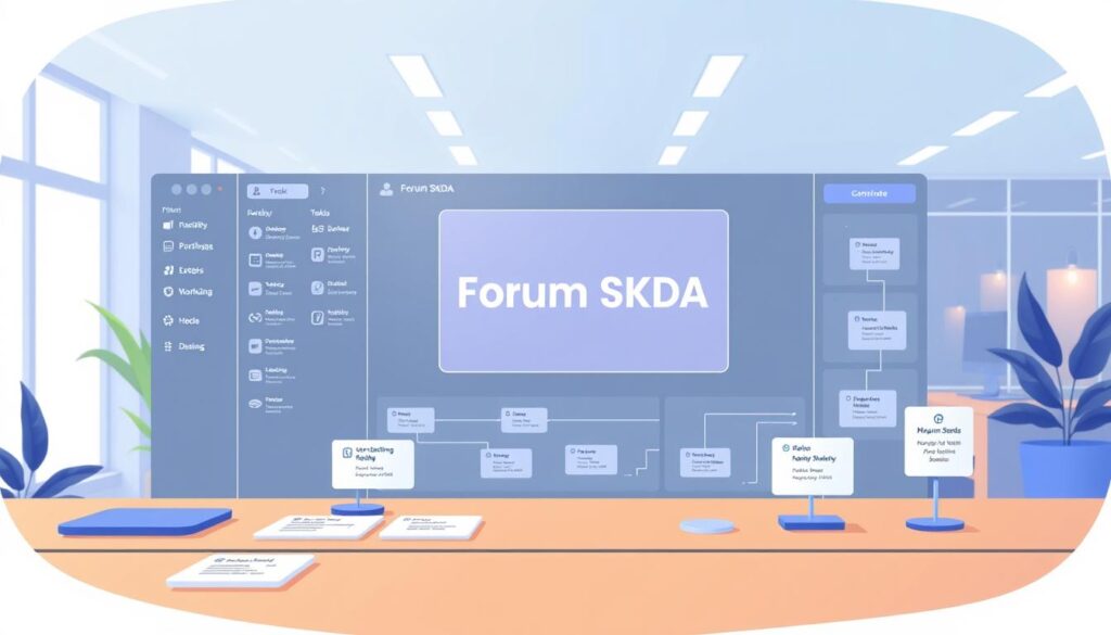 A vibrant, realistic illustration of a modern workflow management software interface. The scene depicts a sleek, minimalist dashboard with clean lines and intuitive controls. In the foreground, various task cards and workflow nodes are neatly organized, representing the automation of repetitive processes. In the middle ground, a large window displays the "Forum SKDA" brand prominently, emphasizing the collaborative nature of the platform. The background showcases a serene, softly lit office environment, with subtle lighting and a sense of depth, creating a professional and productive atmosphere. The overall composition conveys a harmonious balance of functionality and aesthetics, perfectly suited to illustrate the section on "Paket dan Cara Bergabung: Mulai Otomatisasi dengan Tool yang Tepat". A vibrant, realistic illustration of a modern workflow management software interface. The scene depicts a sleek, minimalist dashboard with clean lines and intuitive controls. In the foreground, various task cards and workflow nodes are neatly organized, representing the automation of repetitive processes. In the middle ground, a large window displays the "Forum SKDA" brand prominently, emphasizing the collaborative nature of the platform. The background showcases a serene, softly lit office environment, with subtle lighting and a sense of depth, creating a professional and productive atmosphere. The overall composition conveys a harmonious balance of functionality and aesthetics, perfectly suited to illustrate the section on "Paket dan Cara Bergabung: Mulai Otomatisasi dengan Tool yang Tepat".