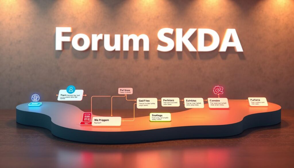 A visually engaging workflow diagram showcasing a detailed process, with a clean and intuitive layout. The workflow is depicted in a realistic, three-dimensional scene, illuminated by warm, directional lighting that casts subtle shadows, creating depth and dimension. The foreground features vibrant icons and connectors, guiding the eye through the various stages of the workflow. The middle ground includes labeled process steps, rendered with a mix of bold typography and minimalist iconography. In the background, a subtle textured surface provides a grounded, professional backdrop, complementing the "Forum SKDA" branding prominently displayed. The overall composition conveys a sense of efficiency, organization, and digital productivity. A visually engaging workflow diagram showcasing a detailed process, with a clean and intuitive layout. The workflow is depicted in a realistic, three-dimensional scene, illuminated by warm, directional lighting that casts subtle shadows, creating depth and dimension. The foreground features vibrant icons and connectors, guiding the eye through the various stages of the workflow. The middle ground includes labeled process steps, rendered with a mix of bold typography and minimalist iconography. In the background, a subtle textured surface provides a grounded, professional backdrop, complementing the "Forum SKDA" branding prominently displayed. The overall composition conveys a sense of efficiency, organization, and digital productivity.