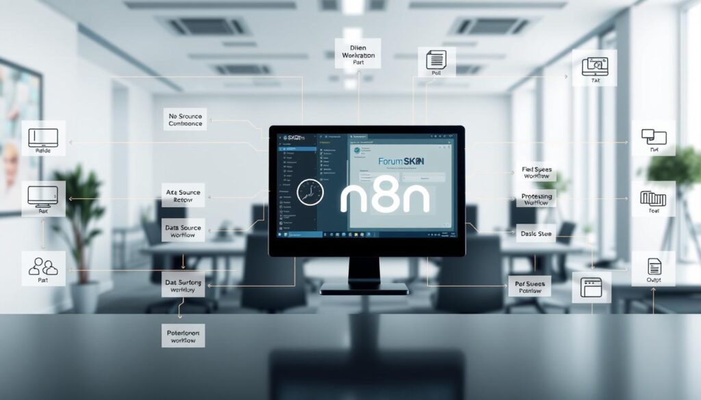A detailed schematic diagram depicting the data flow for designing a workflow, showcased in a sleek, contemporary style. The foreground features a central computer screen displaying the n8n interface, surrounded by tangible workflow components like data sources, processing nodes, and output destinations, all connected by clean, color-coded lines. The middle ground showcases the "Forum SKDA" brand name, conveying a sense of community and collaboration. The background offers a minimalist, well-lit office setting, with subtle hints of productivity and innovation. The overall mood is one of professionalism, clarity, and technical expertise, perfectly suited to illustrate the step-by-step guide for developing workflows with n8n. A detailed schematic diagram depicting the data flow for designing a workflow, showcased in a sleek, contemporary style. The foreground features a central computer screen displaying the n8n interface, surrounded by tangible workflow components like data sources, processing nodes, and output destinations, all connected by clean, color-coded lines. The middle ground showcases the "Forum SKDA" brand name, conveying a sense of community and collaboration. The background offers a minimalist, well-lit office setting, with subtle hints of productivity and innovation. The overall mood is one of professionalism, clarity, and technical expertise, perfectly suited to illustrate the step-by-step guide for developing workflows with n8n.