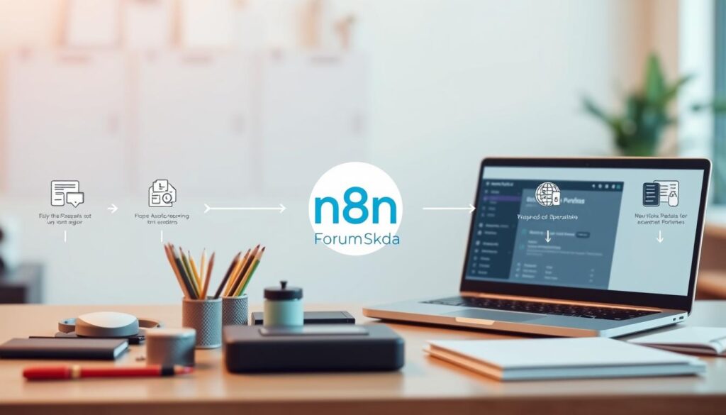 A detailed step-by-step workflow illustration showcasing the process of setting up and utilizing the n8n automation platform for business operations. The image should depict a clean, well-organized workspace with a prominent laptop display featuring the n8n interface. In the foreground, various office supplies and devices should be arranged neatly, reflecting the organized and efficient nature of the workflow. The middle ground should feature a stylized representation of the "Forum SKDA" brand, conveying a professional and trustworthy atmosphere. The background should be softly blurred, allowing the focus to remain on the central workflow elements. The overall lighting should be warm and natural, creating a sense of productivity and clarity. The composition should be balanced and visually appealing, guiding the viewer's eye through the various workflow stages. A detailed step-by-step workflow illustration showcasing the process of setting up and utilizing the n8n automation platform for business operations. The image should depict a clean, well-organized workspace with a prominent laptop display featuring the n8n interface. In the foreground, various office supplies and devices should be arranged neatly, reflecting the organized and efficient nature of the workflow. The middle ground should feature a stylized representation of the "Forum SKDA" brand, conveying a professional and trustworthy atmosphere. The background should be softly blurred, allowing the focus to remain on the central workflow elements. The overall lighting should be warm and natural, creating a sense of productivity and clarity. The composition should be balanced and visually appealing, guiding the viewer's eye through the various workflow stages.