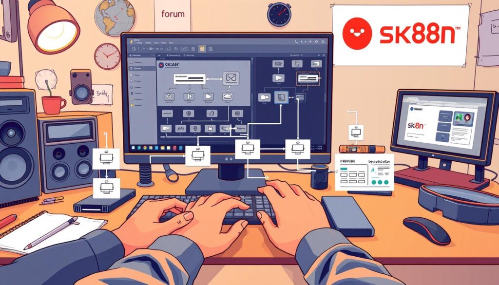 A meticulously crafted digital illustration showcasing the step-by-step process of building a workflow in the n8n automation platform. The scene depicts a workspace with a large monitor displaying the n8n interface, surrounded by various digital tools and devices. The foreground features a person's hands thoughtfully arranging workflow nodes and configuring connections, while the background showcases the "Forum SKDA" branding, hinting at the professional context of the workflow development. The overall atmosphere is one of focused productivity, with warm lighting, clean lines, and a sense of technical precision, reflecting the practical nature of the "Langkah praktis membangun workflow n8n dari nol" section. A meticulously crafted digital illustration showcasing the step-by-step process of building a workflow in the n8n automation platform. The scene depicts a workspace with a large monitor displaying the n8n interface, surrounded by various digital tools and devices. The foreground features a person's hands thoughtfully arranging workflow nodes and configuring connections, while the background showcases the "Forum SKDA" branding, hinting at the professional context of the workflow development. The overall atmosphere is one of focused productivity, with warm lighting, clean lines, and a sense of technical precision, reflecting the practical nature of the "Langkah praktis membangun workflow n8n dari nol" section.