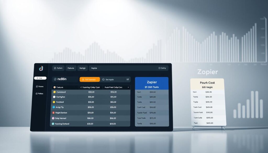A meticulously crafted infographic showcasing the comprehensive pricing model and actual field costs for the cutting-edge n8n and Zapier platforms, featured in the esteemed Forum SKDA. The foreground depicts a sleek, minimalist dashboard displaying detailed cost breakdowns, tooltips, and visual representations. The middle ground presents a side-by-side comparison of the two services, highlighting key features and pricing tiers. The background subtly blends abstract financial charts and graphs, conveying the data-driven nature of the analysis. Crisp, even lighting illuminates the scene, creating a professional and authoritative atmosphere. The overall composition strikes a balance between technical precision and aesthetic appeal, effectively guiding the viewer through the nuanced pricing landscape. A meticulously crafted infographic showcasing the comprehensive pricing model and actual field costs for the cutting-edge n8n and Zapier platforms, featured in the esteemed Forum SKDA. The foreground depicts a sleek, minimalist dashboard displaying detailed cost breakdowns, tooltips, and visual representations. The middle ground presents a side-by-side comparison of the two services, highlighting key features and pricing tiers. The background subtly blends abstract financial charts and graphs, conveying the data-driven nature of the analysis. Crisp, even lighting illuminates the scene, creating a professional and authoritative atmosphere. The overall composition strikes a balance between technical precision and aesthetic appeal, effectively guiding the viewer through the nuanced pricing landscape.