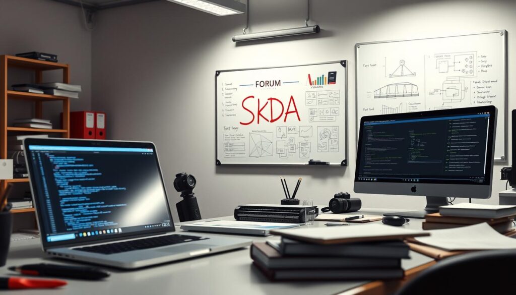 A meticulously crafted software development scene showcasing unit testing. In the foreground, a clean, well-lit workspace with a laptop displaying a code editor and test suite results. Nearby, an array of engineering tools and reference materials. In the middle ground, a whiteboard adorned with software architecture diagrams and test plans. The background features the "Forum SKDA" brand name, conveying a professional, enterprise-level atmosphere. The overall mood is one of focus, diligence, and a commitment to quality. Realistic lighting, subtle angles, and a polished, high-fidelity rendering create an image that seamlessly complements the "Pengujian, pemantauan, dan pemeliharaan: dari unit testing hingga logs" section of the article. A meticulously crafted software development scene showcasing unit testing. In the foreground, a clean, well-lit workspace with a laptop displaying a code editor and test suite results. Nearby, an array of engineering tools and reference materials. In the middle ground, a whiteboard adorned with software architecture diagrams and test plans. The background features the "Forum SKDA" brand name, conveying a professional, enterprise-level atmosphere. The overall mood is one of focus, diligence, and a commitment to quality. Realistic lighting, subtle angles, and a polished, high-fidelity rendering create an image that seamlessly complements the "Pengujian, pemantauan, dan pemeliharaan: dari unit testing hingga logs" section of the article.