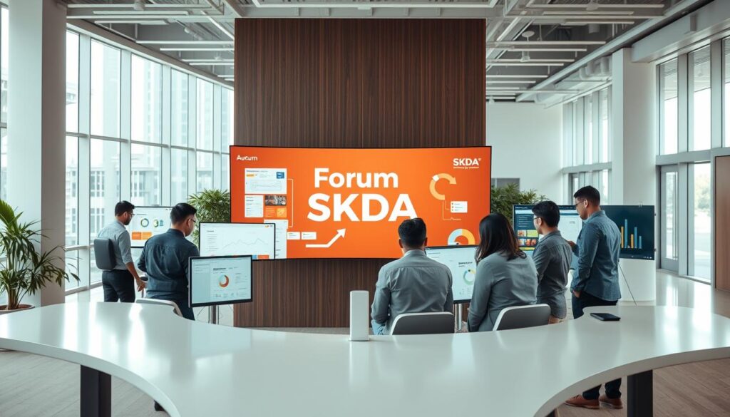 A modern, dynamic office setting with a team collaborating on a workflow automation process. The foreground features several employees gathered around a sleek, minimalist desk, intently discussing digital screens displaying various charts, graphs, and automation tools. The middle ground showcases a large, curved monitor displaying the "Forum SKDA" brand name, reflecting the importance of workflow optimization for Indonesian businesses. The background is a bright, airy space with large windows, allowing natural light to fill the room and creating an atmosphere of productivity and innovation. The scene conveys a sense of efficiency, teamwork, and the transformative power of workflow automation. A modern, dynamic office setting with a team collaborating on a workflow automation process. The foreground features several employees gathered around a sleek, minimalist desk, intently discussing digital screens displaying various charts, graphs, and automation tools. The middle ground showcases a large, curved monitor displaying the "Forum SKDA" brand name, reflecting the importance of workflow optimization for Indonesian businesses. The background is a bright, airy space with large windows, allowing natural light to fill the room and creating an atmosphere of productivity and innovation. The scene conveys a sense of efficiency, teamwork, and the transformative power of workflow automation.