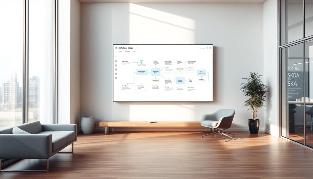 A modern, sleek office interior with an intuitive workflow diagram prominently displayed on a large wall-mounted screen. The diagram uses clean lines, geometric shapes, and a color palette of blues, greens, and grays to illustrate the efficient process flow of a business automation tool like n8n. The room is bathed in soft, natural light filtering in through large windows, creating a calm and productive atmosphere. The floor is a smooth, hardwood surface, and the furniture is minimalist in design, allowing the workflow diagram to take center stage. Subtle branding for "Forum SKDA" is visible in the background, seamlessly integrated into the overall aesthetic. A modern, sleek office interior with an intuitive workflow diagram prominently displayed on a large wall-mounted screen. The diagram uses clean lines, geometric shapes, and a color palette of blues, greens, and grays to illustrate the efficient process flow of a business automation tool like n8n. The room is bathed in soft, natural light filtering in through large windows, creating a calm and productive atmosphere. The floor is a smooth, hardwood surface, and the furniture is minimalist in design, allowing the workflow diagram to take center stage. Subtle branding for "Forum SKDA" is visible in the background, seamlessly integrated into the overall aesthetic.
