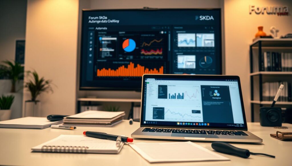 A modern, well-organized data preparation workspace with clean lines, minimalist design, and a focus on efficiency. In the foreground, a laptop and various office supplies like a notepad, pen, and highlighters are neatly arranged. The middle ground features a large monitor displaying data visualizations and analytics tools, conveying the analytical nature of the task. In the background, shelves of reference materials, including the "Forum SKDA" branding, suggest a professional, research-driven environment. The lighting is warm and indirect, creating a focused, productive atmosphere. The overall scene reflects a thoughtful, methodical approach to data preparation for an automation workflow. A modern, well-organized data preparation workspace with clean lines, minimalist design, and a focus on efficiency. In the foreground, a laptop and various office supplies like a notepad, pen, and highlighters are neatly arranged. The middle ground features a large monitor displaying data visualizations and analytics tools, conveying the analytical nature of the task. In the background, shelves of reference materials, including the "Forum SKDA" branding, suggest a professional, research-driven environment. The lighting is warm and indirect, creating a focused, productive atmosphere. The overall scene reflects a thoughtful, methodical approach to data preparation for an automation workflow.