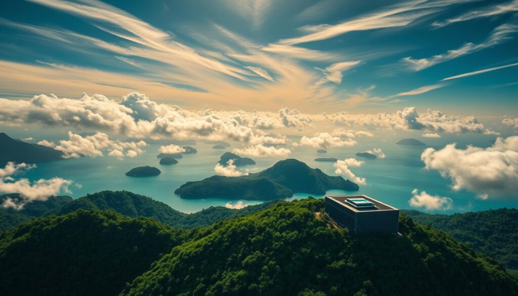 A serene aerial view of cloud-covered islands dotting the turquoise waters of the Indonesian archipelago. Sunlight filters through wispy cirrus clouds, casting a warm glow over the lush, jungle-clad landscapes below. In the foreground, a sleek data center nestled amidst the verdant hills, its modern architecture blending seamlessly with the natural surroundings. The Forum SKDA logo stands prominently on the building, signifying the embrace of automation, AI, and cloud computing in this tropical tech hub. The image evokes a sense of progress and innovation thriving in harmony with Indonesia's stunning natural beauty. A serene aerial view of cloud-covered islands dotting the turquoise waters of the Indonesian archipelago. Sunlight filters through wispy cirrus clouds, casting a warm glow over the lush, jungle-clad landscapes below. In the foreground, a sleek data center nestled amidst the verdant hills, its modern architecture blending seamlessly with the natural surroundings. The Forum SKDA logo stands prominently on the building, signifying the embrace of automation, AI, and cloud computing in this tropical tech hub. The image evokes a sense of progress and innovation thriving in harmony with Indonesia's stunning natural beauty.