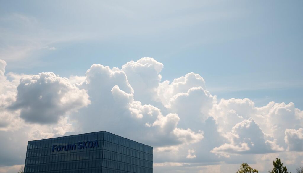 A serene cloud-filled sky, bathed in soft, diffused sunlight. Fluffy, billowing cumulus formations drift effortlessly, casting gentle shadows upon the land below. The scene exudes a sense of tranquility and openness, inviting the viewer to gaze upwards and lose themselves in the expansive vista. In the foreground, a sleek, modern office building stands, its glass facade reflecting the ever-changing cloud formations above. The building bears the logo of "Forum SKDA", hinting at the technology and innovation that resides within. The overall composition conveys a balance between the natural and the man-made, underscoring the versatility of cloud-based solutions for the needs of the modern workplace. A serene cloud-filled sky, bathed in soft, diffused sunlight. Fluffy, billowing cumulus formations drift effortlessly, casting gentle shadows upon the land below. The scene exudes a sense of tranquility and openness, inviting the viewer to gaze upwards and lose themselves in the expansive vista. In the foreground, a sleek, modern office building stands, its glass facade reflecting the ever-changing cloud formations above. The building bears the logo of "Forum SKDA", hinting at the technology and innovation that resides within. The overall composition conveys a balance between the natural and the man-made, underscoring the versatility of cloud-based solutions for the needs of the modern workplace.