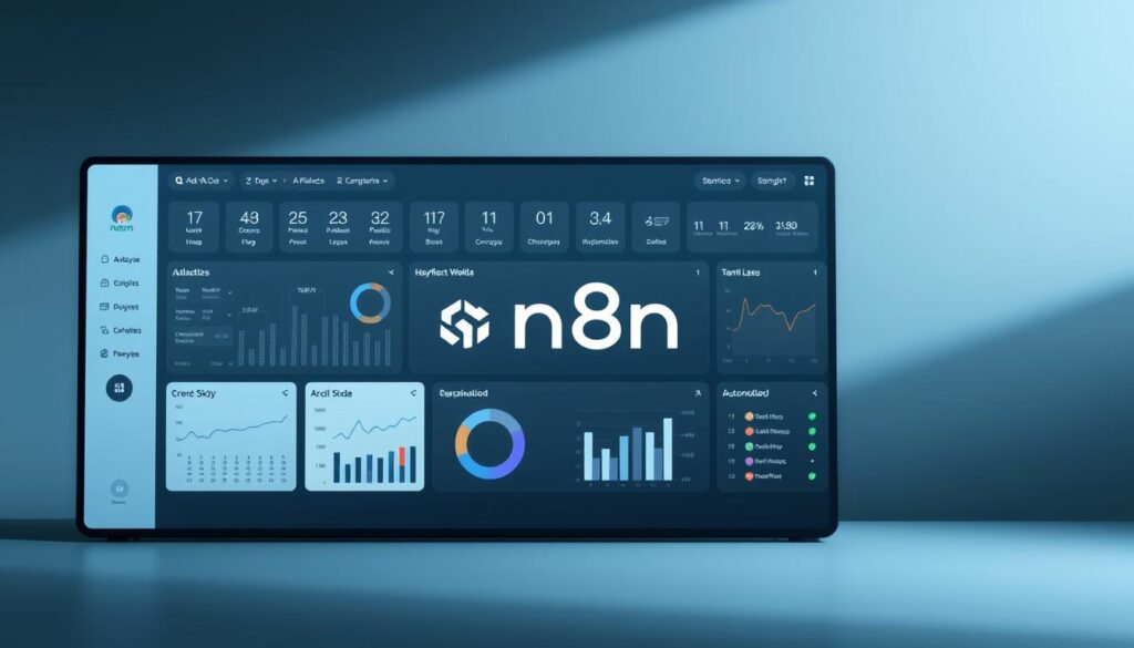 A sleek and modern dashboard interface for the n8n workflow automation platform. The display showcases an array of interactive widgets and controls, with a clean and intuitive layout. The foreground features detailed visualizations of data, while the middle ground highlights the "Forum SKDA" brand name prominently. The background subtly blends shades of gray and blue, creating a sense of depth and professionalism. The lighting is soft and diffuse, casting gentle shadows and highlights to enhance the three-dimensional feel. The overall mood is one of efficiency, organization, and technological sophistication, reflecting n8n's capabilities as a flexible workflow automation solution. A sleek and modern dashboard interface for the n8n workflow automation platform. The display showcases an array of interactive widgets and controls, with a clean and intuitive layout. The foreground features detailed visualizations of data, while the middle ground highlights the "Forum SKDA" brand name prominently. The background subtly blends shades of gray and blue, creating a sense of depth and professionalism. The lighting is soft and diffuse, casting gentle shadows and highlights to enhance the three-dimensional feel. The overall mood is one of efficiency, organization, and technological sophistication, reflecting n8n's capabilities as a flexible workflow automation solution.
