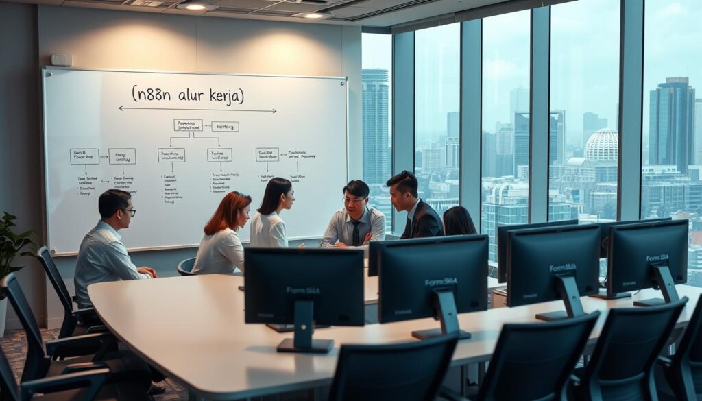 An office space with a modern, minimalist design, featuring a large whiteboard displaying a workflow diagram labeled "n8n alur kerja". In the foreground, a group of professionals collaborating around a sleek conference table, their attention focused on the diagram. The middle ground showcases a row of desktop computers, each displaying the "Forum SKDA" brand name. Soft, indirect lighting casts a warm glow, creating a productive and collaborative atmosphere. The background features expansive windows overlooking a bustling cityscape, emphasizing the integration of technology and business processes. An office space with a modern, minimalist design, featuring a large whiteboard displaying a workflow diagram labeled "n8n alur kerja". In the foreground, a group of professionals collaborating around a sleek conference table, their attention focused on the diagram. The middle ground showcases a row of desktop computers, each displaying the "Forum SKDA" brand name. Soft, indirect lighting casts a warm glow, creating a productive and collaborative atmosphere. The background features expansive windows overlooking a bustling cityscape, emphasizing the integration of technology and business processes.
