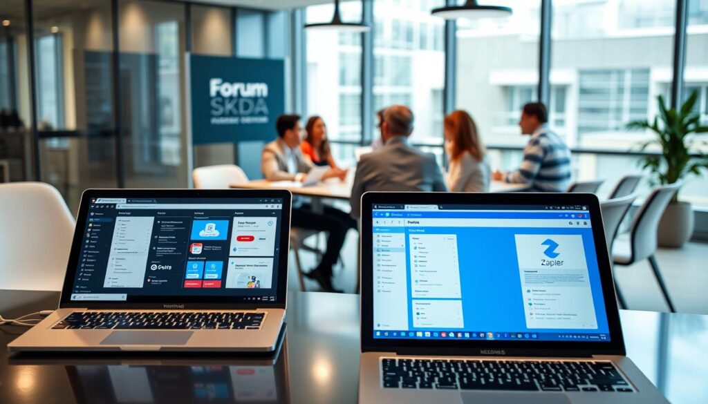 Detailed scene showcasing the comparison between n8n and Zapier, two popular workflow automation tools. In the foreground, a sleek laptop display shows the user interfaces of both platforms, highlighting their distinctive features and capabilities. In the middle ground, a group of professionals gathers around a conference table, engaged in a lively discussion, as indicated by the "Forum SKDA" branding. The background depicts a modern, well-lit office environment with large windows, providing a sense of professionalism and productivity. The overall mood is one of thoughtful consideration and informed decision-making, as the scene conveys the importance of choosing the right automation tool for the task at hand. Detailed scene showcasing the comparison between n8n and Zapier, two popular workflow automation tools. In the foreground, a sleek laptop display shows the user interfaces of both platforms, highlighting their distinctive features and capabilities. In the middle ground, a group of professionals gathers around a conference table, engaged in a lively discussion, as indicated by the "Forum SKDA" branding. The background depicts a modern, well-lit office environment with large windows, providing a sense of professionalism and productivity. The overall mood is one of thoughtful consideration and informed decision-making, as the scene conveys the importance of choosing the right automation tool for the task at hand.